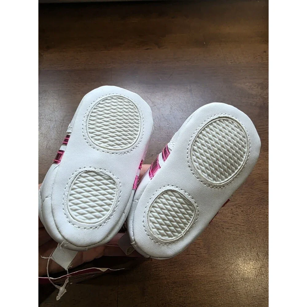 Luvable Friends Baby Girls White Pink Striped Prewalker Crib Shoes Booties 0-6M